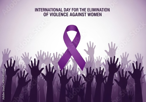 International day for the elimination of violence against women with purple ribbon and raised hands symbolizing solidarity and support for victims