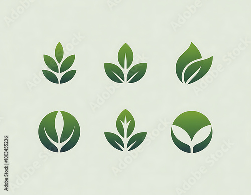 Collection of six modern green leaf logos representing nature and growth