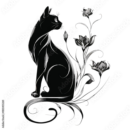 Elegant Black Cat with Floral Embellishments