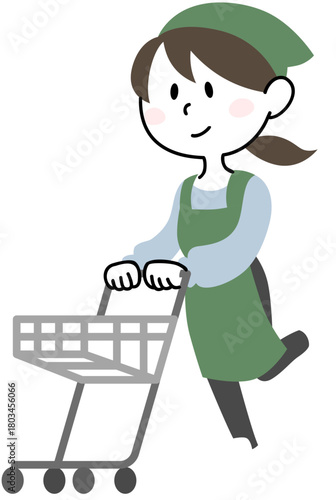 Vector Illustration of Woman Store Worker Pushing Shopping Cart