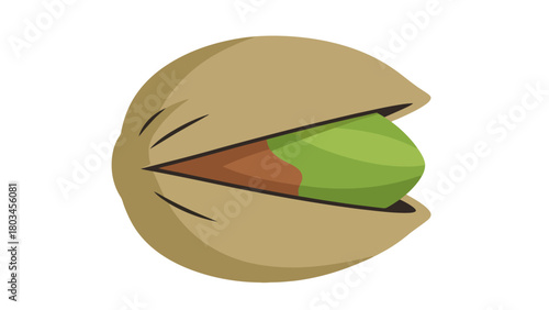 A cartoon pistachio nut with its shell slightly open revealing the green nut