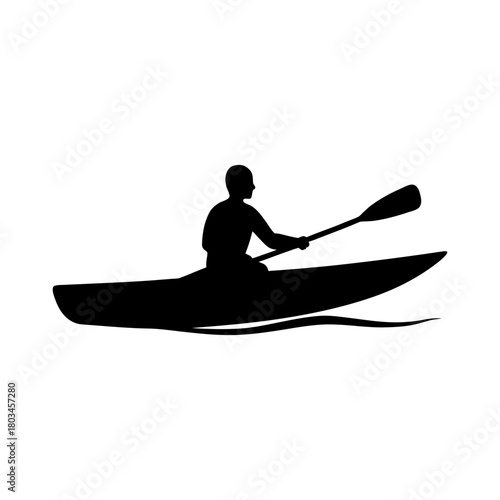 Solo Kayaker Paddling Calm Lake Minimal And Simple Vector White Background Only
