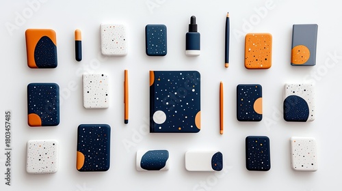 A collection of stationery items, including notebooks, pens, and small containers, arranged in a grid on a white surface.