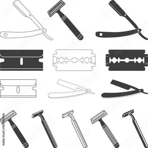 Shaving Razors and Blades Icon Set Silhouette, Razor vector Illustration