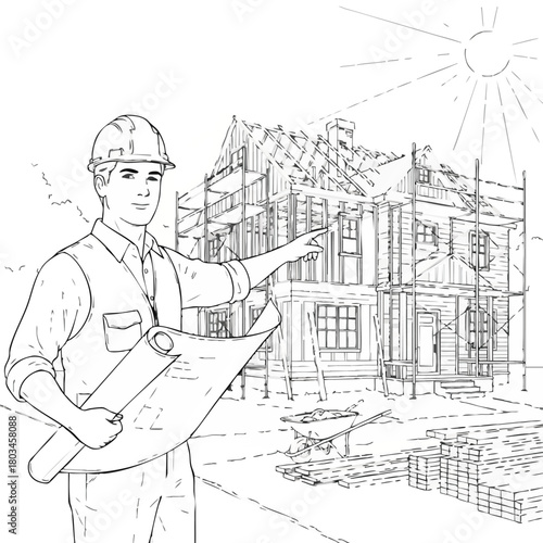 An architect in a hard hat points to a blueprint and the construction site of a new house under a bright sun, showcasing the building's progress.