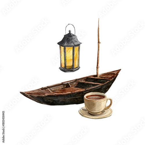 Boat, Lantern, and Coffee Cup