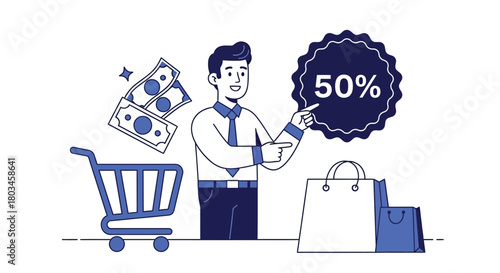 Online shopping sale promotion with discount and happy customer man