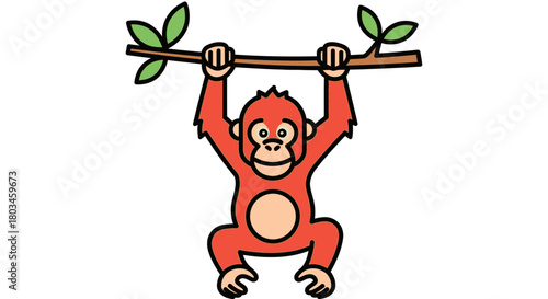 Adorable orangutan hanging playfully from tree branch illustration
