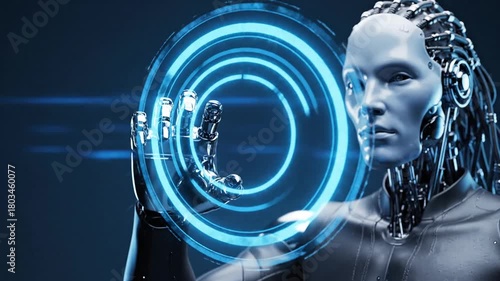 Advanced Cybernetic Android Interacting with Dynamic Holographic Interface, Showcasing AI and Future Technology