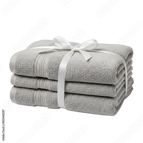 Stack of three soft gray towels tied with a crisp white ribbon, perfect for modern home decor, luxurious bathroom aesthetics, spa branding, or hotel amenities.