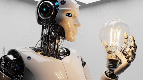 Sleek AI Robot Contemplates Light Bulb, Igniting Future Ideas and Technological Innovation