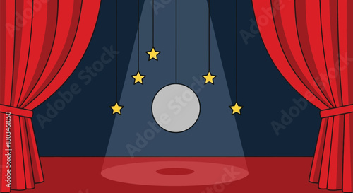 Spotlight shines on empty stage with red curtains and stars

