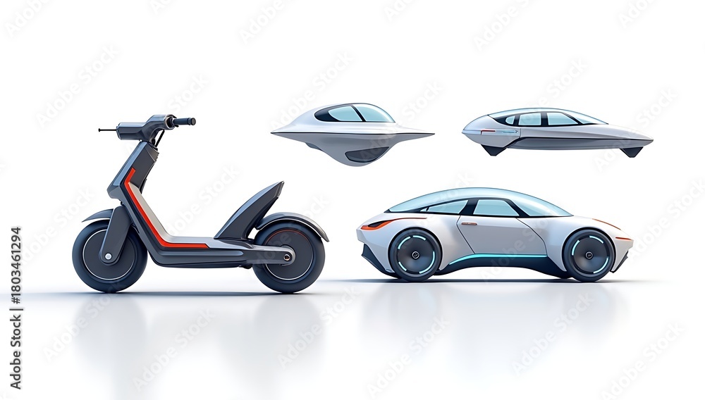 Fototapeta premium Unique clipart of futuristic transportation—hover scooter, compact flying pod, electric mono-wheel, capsule taxi—sleek geometric shapes.