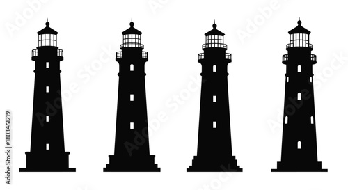 Four lighthouses silhouette in a horizontal line