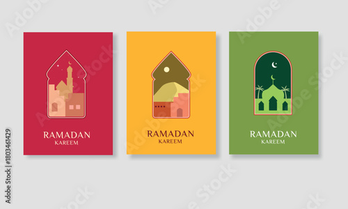 Ramadan color poster set. Mosque, moon, star, palm. Vector illustration
