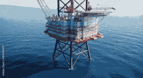 A massive offshore oil rig stands tall in the deep blue ocean, symbolizing global energy production and industrial might against the vast sea.