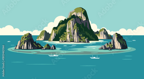 Serene Island Landscape with boats