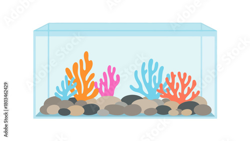 A flat illustration of an aquarium with corals and rocks