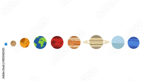 A line of pixelated planets with varying sizes and colors
