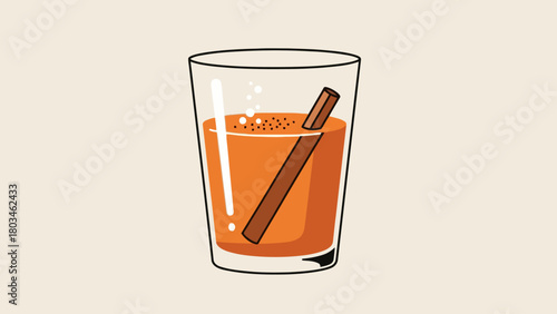 A glass of orange liquid with a cinnamon stick and ice