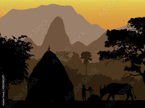 Farmer, Children, Rural life, Mountains, Silhouette, Traditional, Asian culture, Village scene, Farming, Agriculture, Countryside,