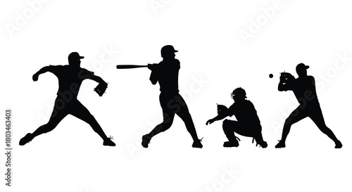 Four baseball player silhouettes in action poses