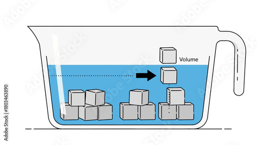 A measuring cup with ice cubes and blue liquid