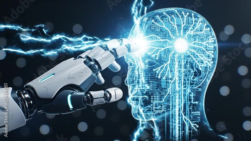 AI Brain Activation: Robotic Hand Connects with Digital Human Mind, Future Technology Concept