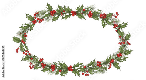 Oval Christmas wreath with holly, red berries, and pine needles, festive holiday decoration.