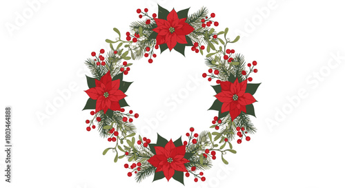 A festive Christmas wreath with red poinsettias, holly berries, and green foliage on a white background.