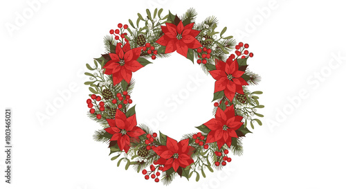 A beautiful hexagonal Christmas wreath adorned with red poinsettias, pine needles, and red berries.