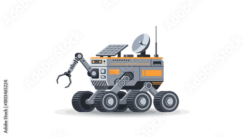 A pixel art illustration of a sixwheeled space rover with a robotic arm