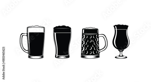 Four beer glasses in a row, black silhouette