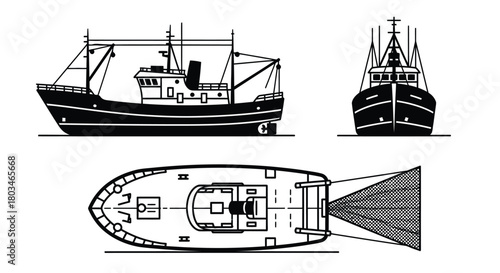 Fishing boat vector illustration side front top view black white