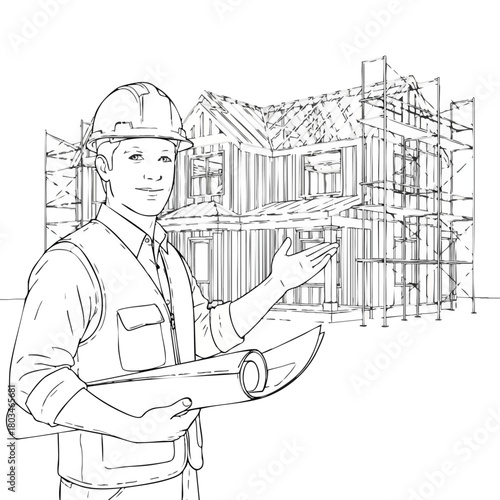 An architect in a hard hat presents a blueprint of a new residential house under construction with scaffolding and wooden framing.