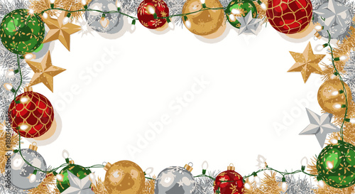 Festive Christmas frame with red, green, gold, and silver baubles, stars, and string lights on a white background, perfect for holiday greetings.