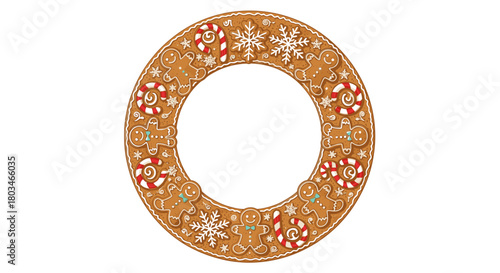 Circular gingerbread cookie wreath with festive candy canes, snowflakes, and gingerbread men decorations.