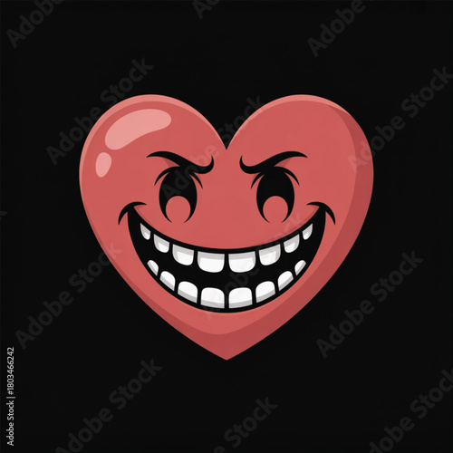 Cartoon Heart with Evil Grinning Face on Black Background