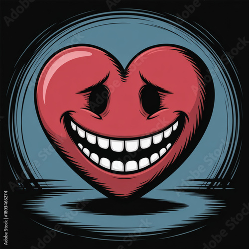Cartoon Heart with Wide Grinning Face and Blue Circle