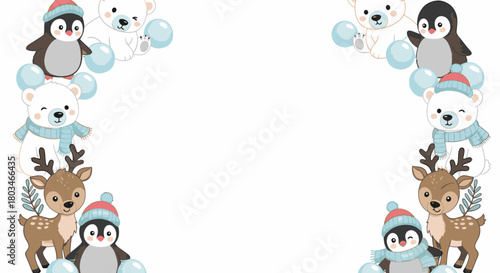 Cute cartoon arctic animals forming a decorative winter border with polar bears, penguins, and reindeer.