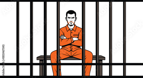 Man in jail illustration prisoner behind bars orange jumpsuit art