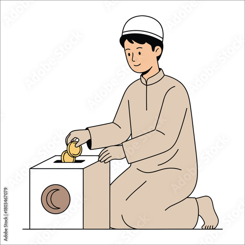 Muslim boy donating coins to a charity box for Ramadan islamic