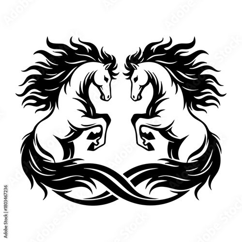 Symmetrical rearing horse silhouettes with intertwined flowing tails
