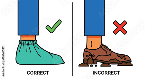 Using shoe covers correct and incorrect procedure illustration art