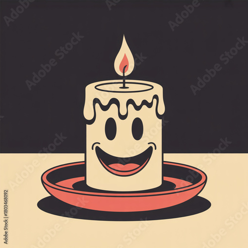 Retro Cartoon Candle with Happy Face on Red Dish vector