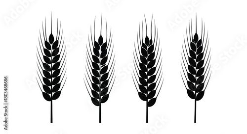 Four black wheat ears in a row, vector illustration