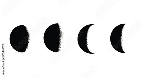 Four black moon phases in a row, vector graphic