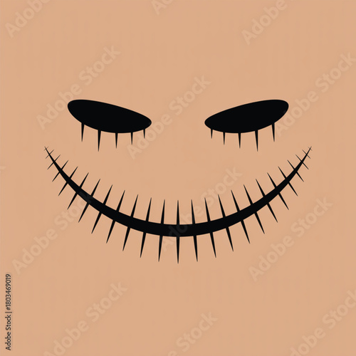 Spooky stitched smile and closed eyes on peach background
