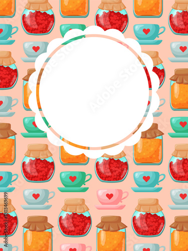 colorful jam jars and teacups banner, card with place for text, pastel jars of strawberry and apricot. For menu and seasonal designs