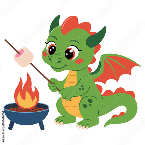 A friendly dragon roasting a marshmallow over a small campfire